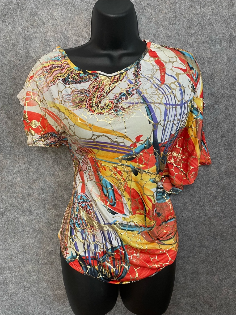 Unique Artwear Abstract Gold Foil Asymmetrical Statement Festival Top S/M Est - Picture 2 of 9